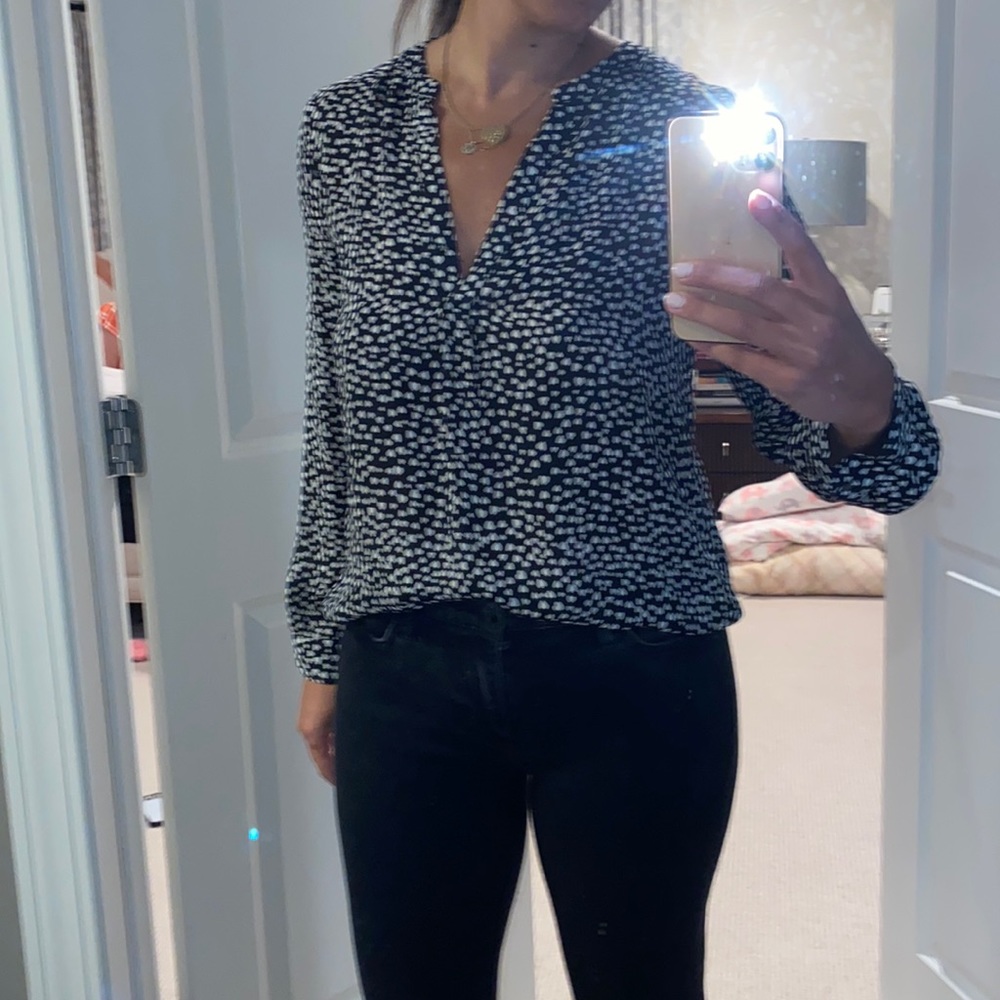 Like new Joie silk blouse. Black with white small hearts fun, neutral pattern.